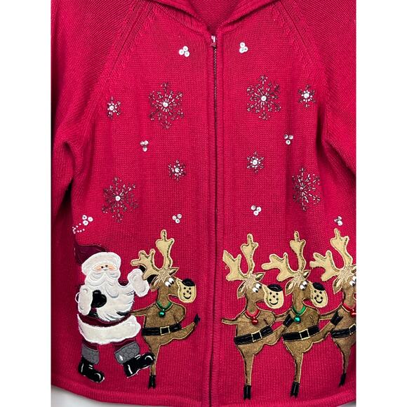Tiara International Women's Large Red Christmas Reindeer Zip Front Cardigan - Picture 6 of 7